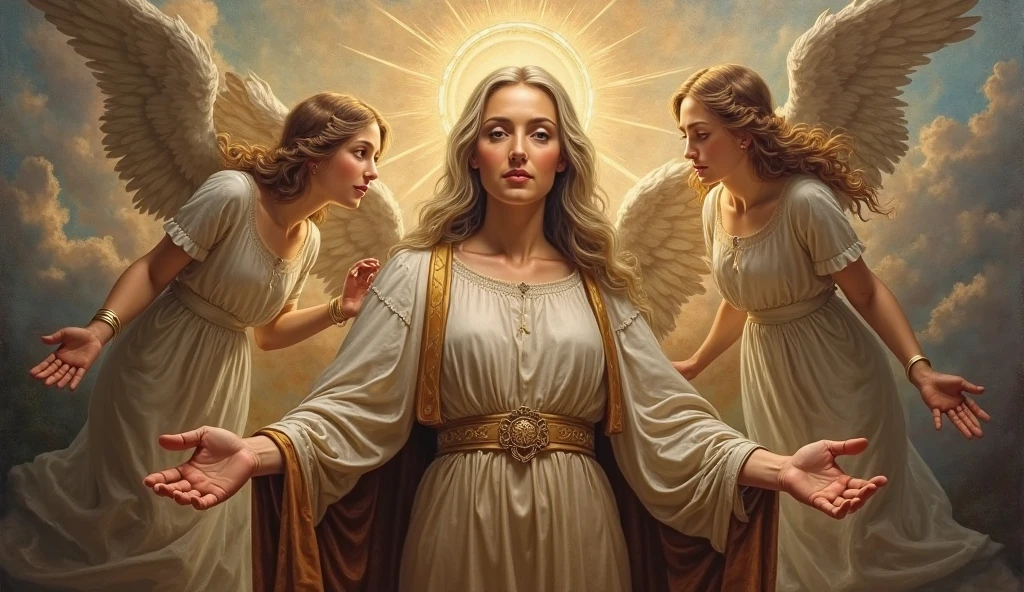 Three women standing side by side facing forward。A beautiful Virgin Mary with two beautiful angels standing on either side