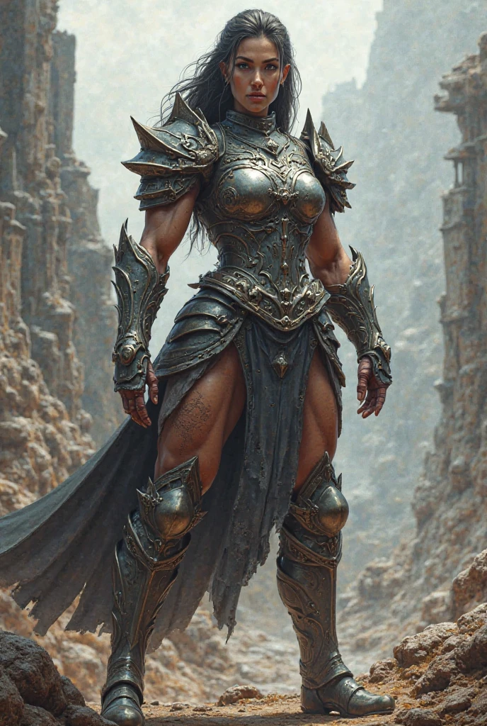 a powerful female goblin warrior, intricate armor, detailed face, large muscles, fierce expression, detailed hands, holding a sharp sword, dramatic pose, fantasy landscape, moody lighting, cinematic angle, epic scale, digital art, highly detailed, concept art style