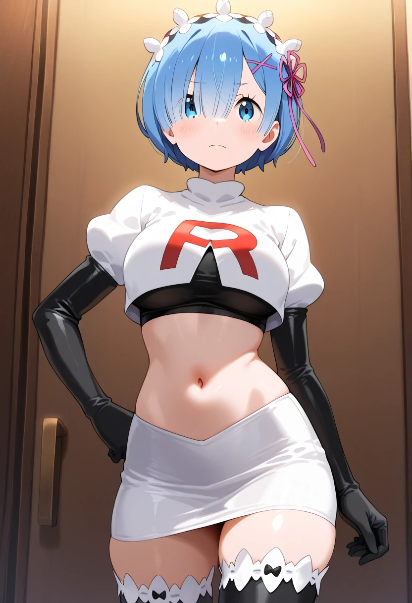 masterpiece, best quality, highres, aarem, short hair, skyblue hair, maid headdress, x hair ornament, hair ribbon, hair over one eye, large breasts, cowboy shot, team rocket,team rocket uniform, red letter R, white skirt,white crop top,black thigh-highs,black elbow gloves
