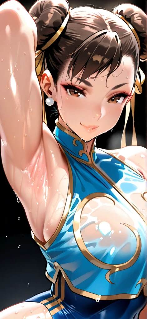 street fighter chun li, showing big ass, smiling, Leaves, grade background. (((half naked)))