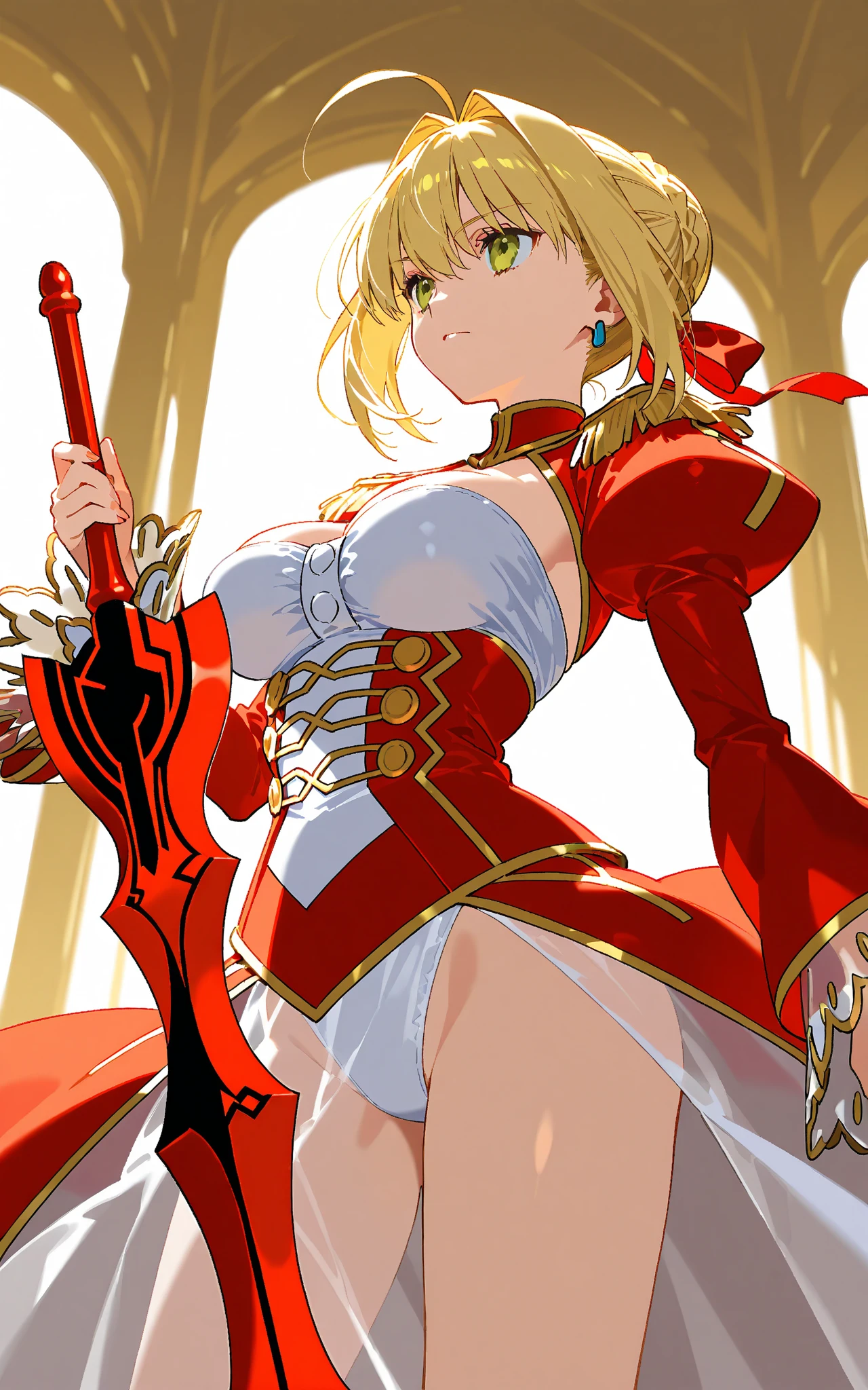 Beautiful blonde with tied hair, blue eyes and big breasts,red headband,cleavage,golden armor,red dress,long skirt,Bare Legs,Standing,red sword,red rose petals,flame