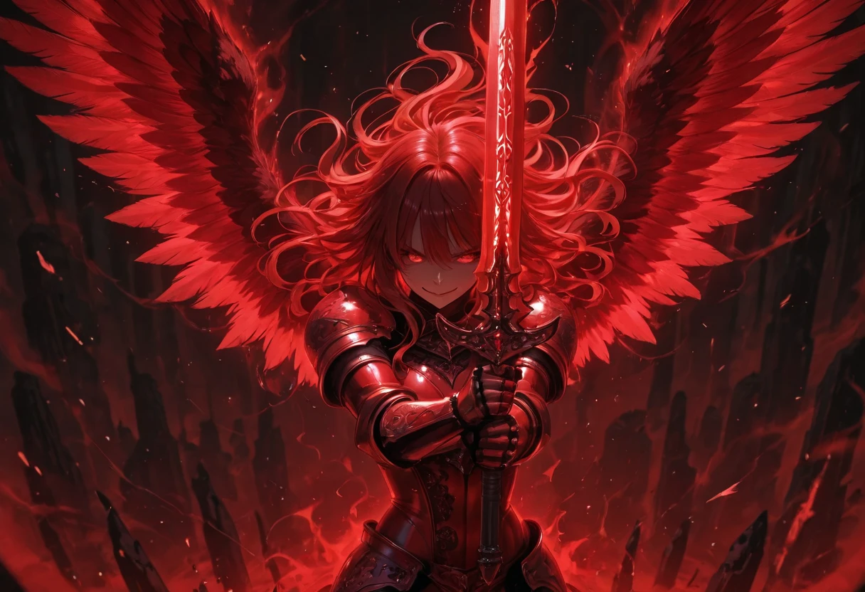 ((solo)), amazing masterpiece, top quality, high fashion, absurdres extremely, HDR, intricate details, vivid colors, cool female, The face of a peerless beauty, long hair, wavy hair, nihilistic smile, glowing red eyes, Female knight costume, gauntlet, black and red feather wings, glowing huge sword, A confident expression, nightmare aura, engraved, upper body, battle stance, attacking pose, flying, floating, The end of the century