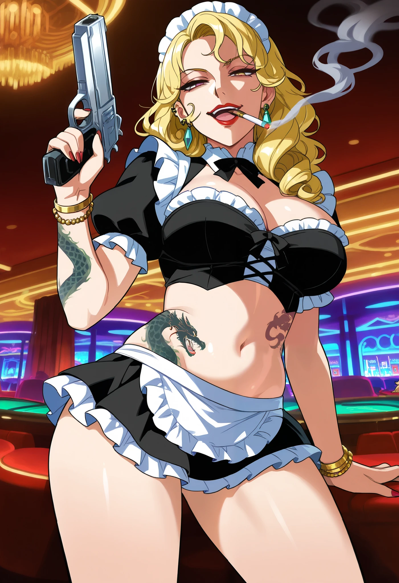 score_9, score_8_up, score_7_up, score_6_up, source_anime, BREAK 1girl ,mature female, milf, snvAphro, curly hair, blonde hair, bracelet, medium large breasts, ear piercing, long hair, , lipstick,Hot girl, baddie, smoking, sensual, attractive ,jewelry, earrings, complex detailed background, casino environment, fancy interior environment,
rich interior, masterpiece, best quality, highly detailed, a girl in maid uniforms, holding pistol, maid
outfit, cleavage, evil smile, smile, open mouth ,official artwork, (nsfw) not safe for work, beautiful maid
girl, , micro skirt, exposed belly, exposed navel, exposed midriff, exposed lower belly, holding a gun,,, dragon tattoo, narrowed eyes, tattoo midriff, looking at wiewer,