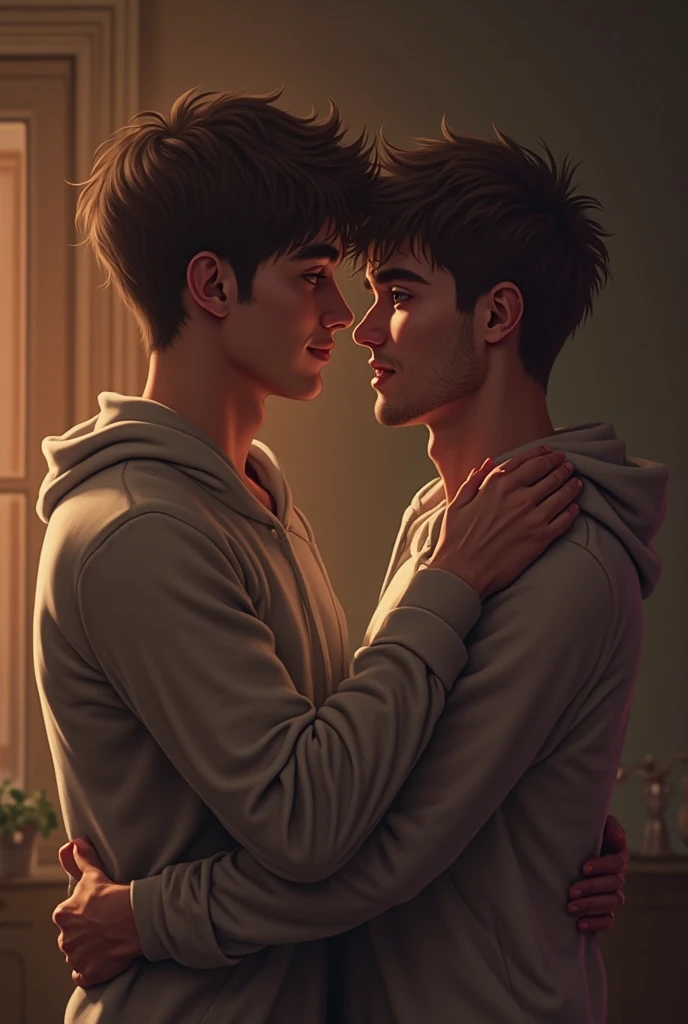 Realism art of two hippie boys kissing