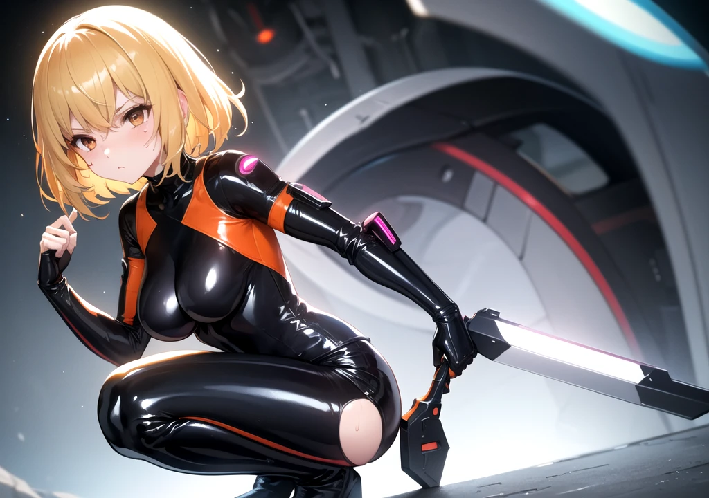 Milf, woman in a futuristic suit, highly detailed face, cool, mom, tomboy, very large breast, (Milf), mature face, (mature female), cybersuit, anime girl wearing tight suit, milfication, Elegant body, navel focus, naked body, gloves, earrings, science fiction, female protagonist, standing, volumetric light, detailed lighting, detailed textures, oppai cyberpunk, biomechanical oppai, masterpiece, best quality eyes, sci-fi background, futuristic landscape, low angle、smooth surface、((pointing your butt)), ((facing backwards)), ass