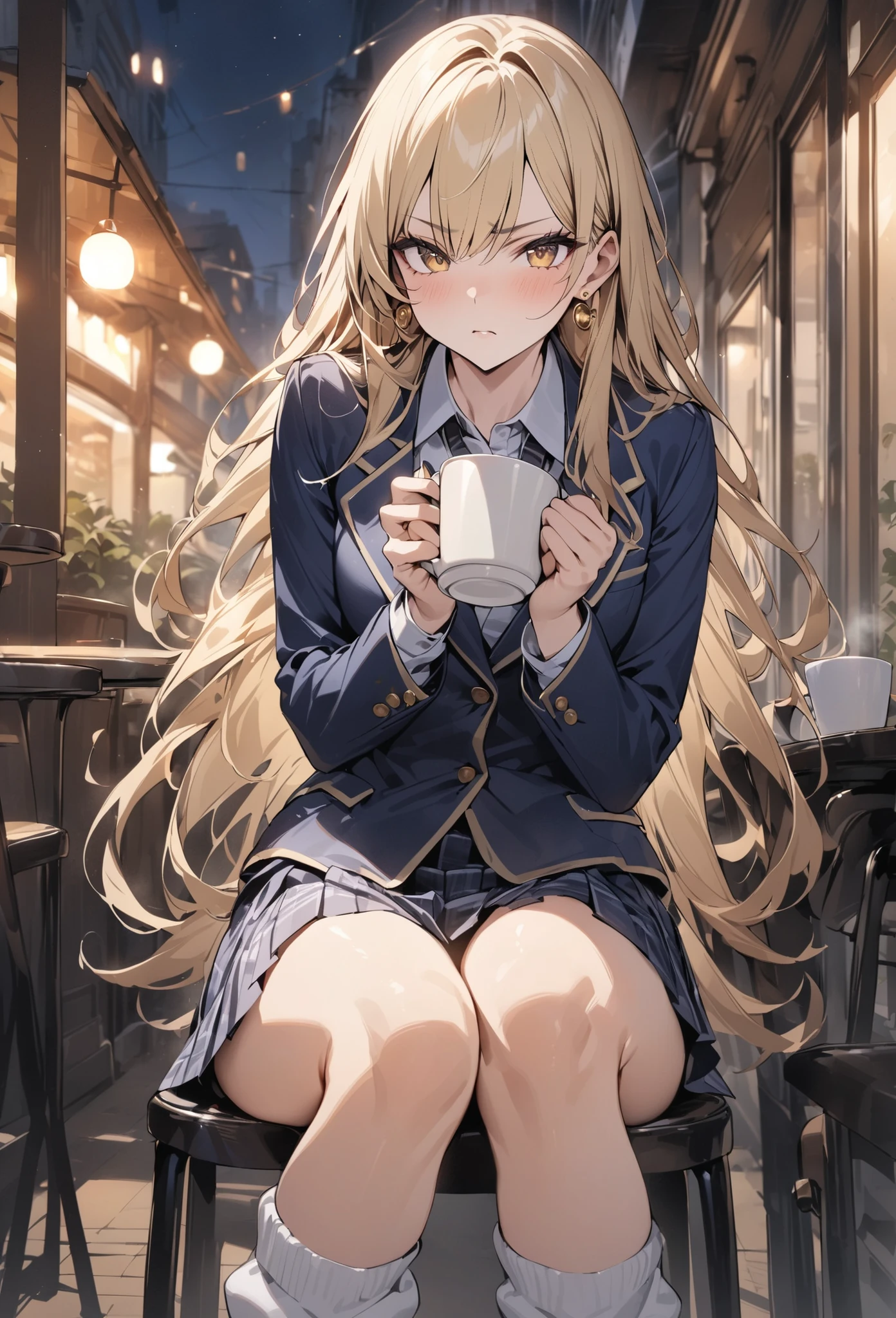 Pale tea girl, rubia y con rizos, ojos azules con heterocromia central, con ropa de estudiante de Boku no hero