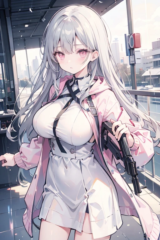Long legs, Long Hair, Gray Hair, cyber punk, Depth of written boundary, Blurred Background, String, nude, Big Breasts, Cleavage, vaginal fissure, Lace pajamas, No coat, sexy