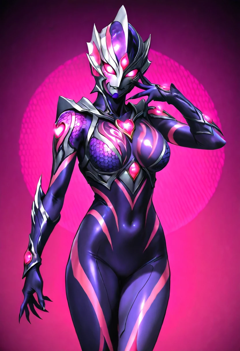 Ultraman Style Girl. Covered in black and purple skin. Pink lines. Glowing crystals on her chest. Sharp claws. Firm breasts. Curved waist. Thighs. A carapace covering her face. Armor-like skin. Honeycomb-patterned skin. Fusion with tentacles. A glowing pink heart tattoo.