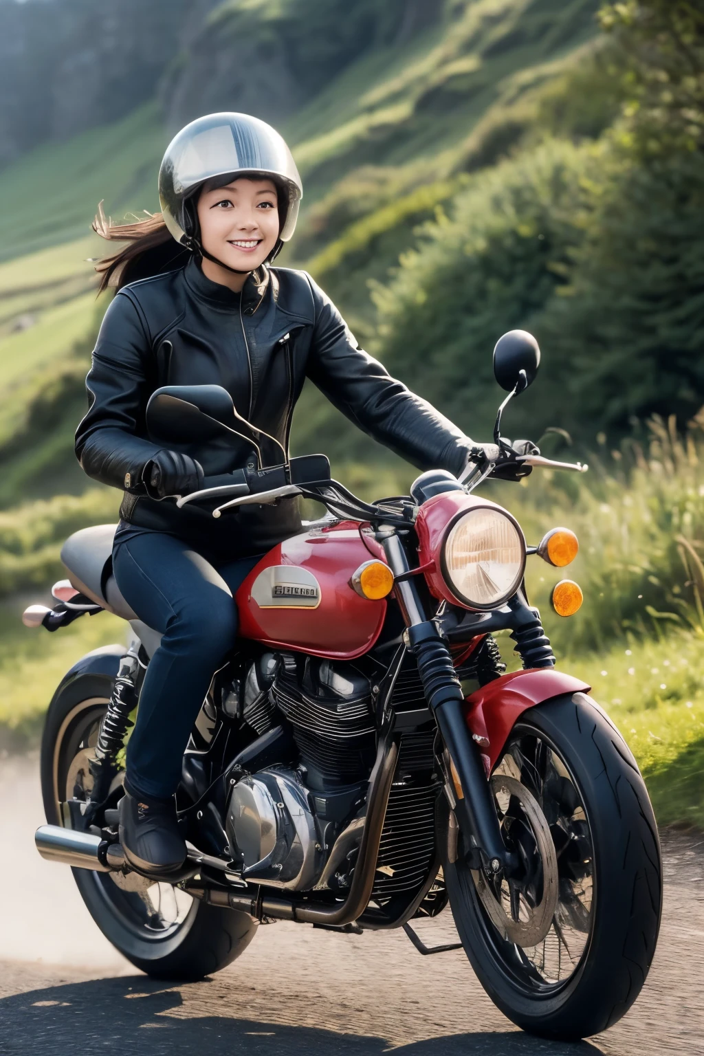 (A young female rider speeds along on a motorcycle)、Vintage Bikes、Bluff Superior SS100、Isle of Man Races、Leather jumper、Cromwell helmet with goggles、After the Rain、English countryside、(Highest quality, masterpiece, High resolution)、8k、wallpaper