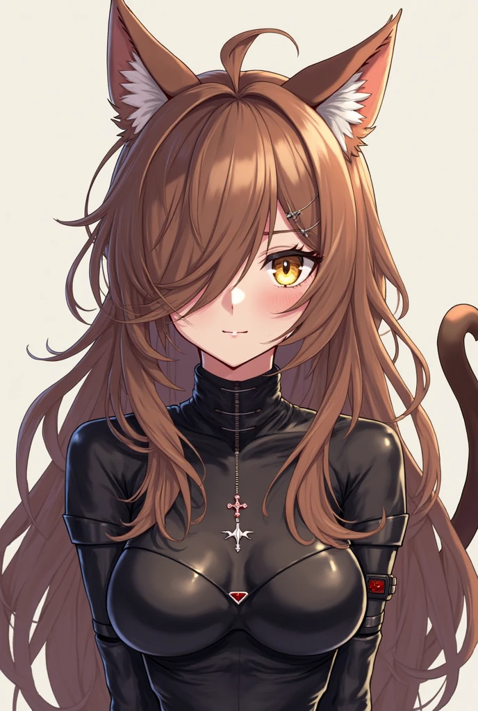Brown long hair girl brown eyes brown blush face cat ears brown cat tail wearing bronze bodysuit