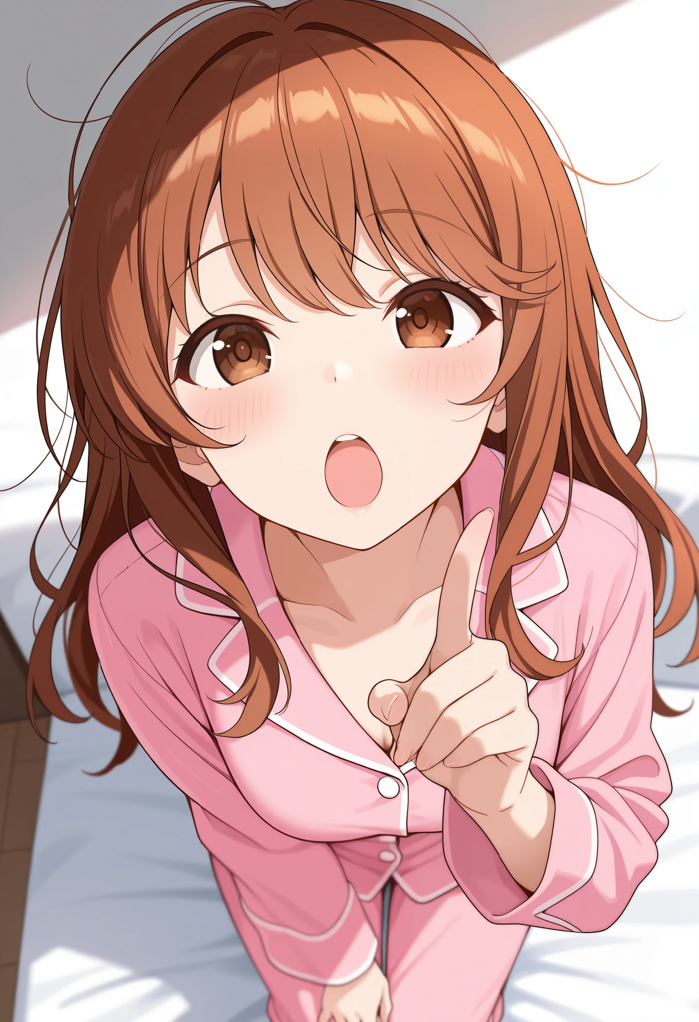 from above, masterpiece, best quality, amazing quality, very aesthetic, newest, cute girlfriend looks up, points finger and shouts something, pajamas, messy hair, absurdres, highres