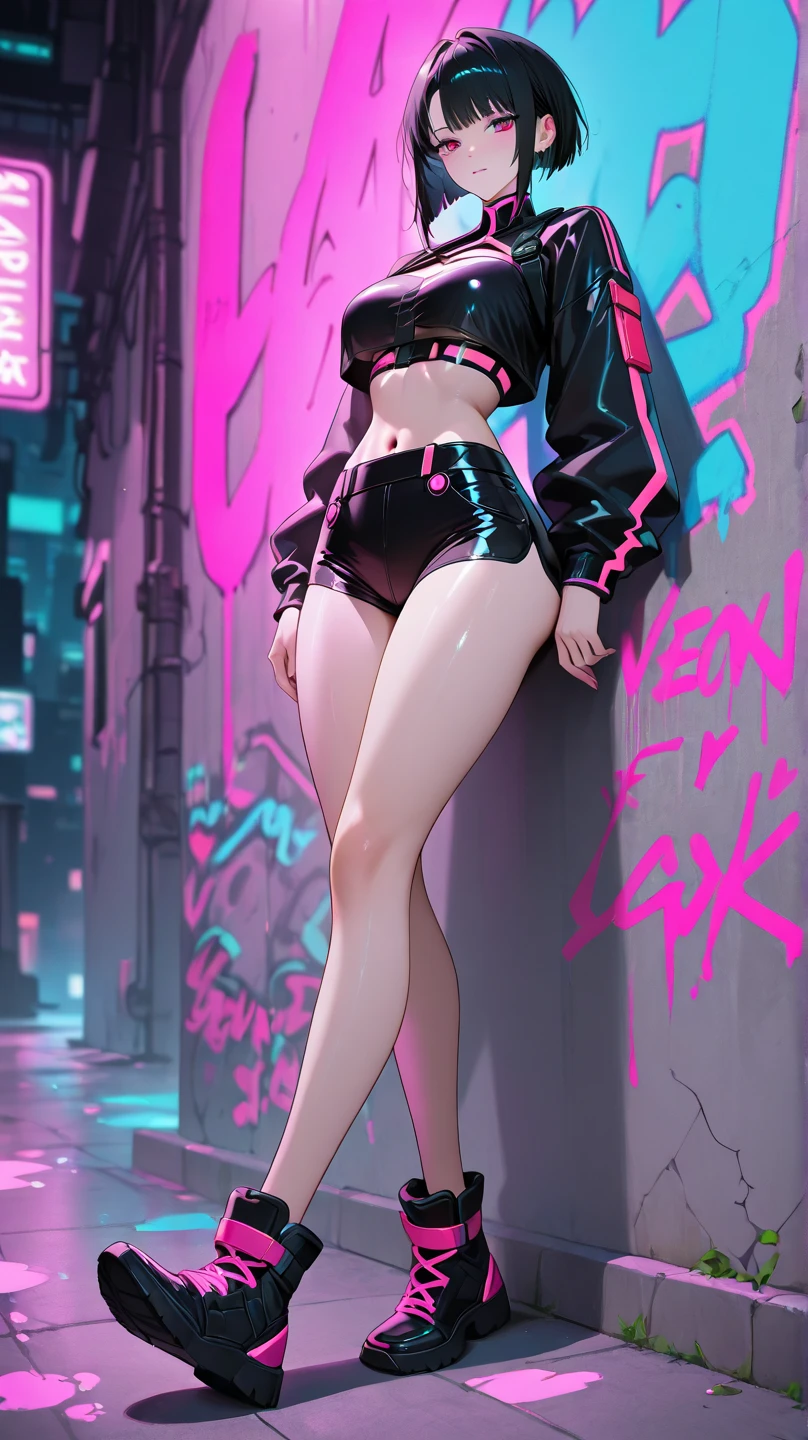 (blank background), (((full body framing))), standing, (masterpiece), (best quality), huge girl, (muscular girl:0.8), (thin hair:1.7), (long blue jeans), massive breast, hair over one eye:1.4, sport bra, (fuchsia hair), belt under navel, sneakers, ((long legs:1.6)), rock band shirt, cute:1.8, adorable:1.8, leather jacket, cyberpunk girl, ear piercings, earrings, tatoo, (very curvy:1.3), 1girl, solo, (curvy:1.4)