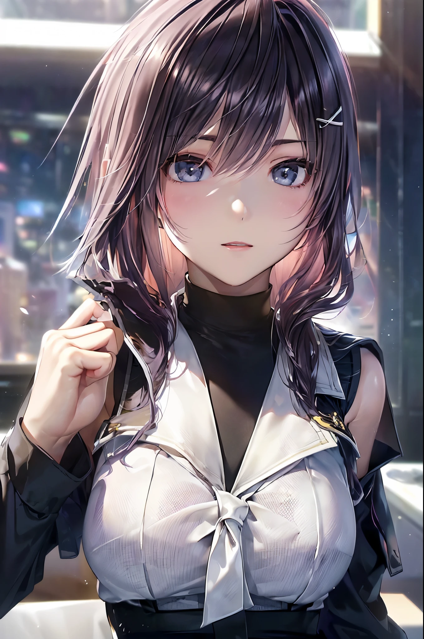 (8K、top-quality、masterpiece:1.2)、(realisitic、ultra-detailliert、超A high resolution、beautifull detailed face,perfect body,(1girl,black long hair),(school uniform,sailor suit,purple shirts,navy skirt,white tie),cotrapposto,in classroom,portrait