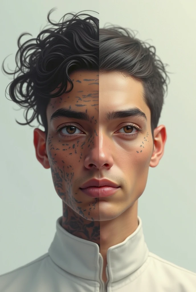 I want a male character with brown curly hair, one side white and one side black, with a tattoo on his chest that says 'family', 3D character.