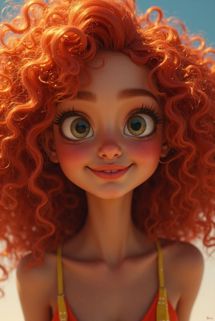 Cartoon character of a woman with curly copper hair, animation character, stylized character, animation style rendering, 3d stylized, Arnold Maya rendering, Stylized 3D rendering, toon render screenshot, 3d character, 3d character, Stylized 3D rendering, 3D character rendering, cartoon character, Personagem de close up, character posing,  (Pixar-style) (master part:1.2) (bokeh) (best qualityer) (skin detailed) (detailed texture) (8k) (Argilla) (cinematic lighting) (sharp focus