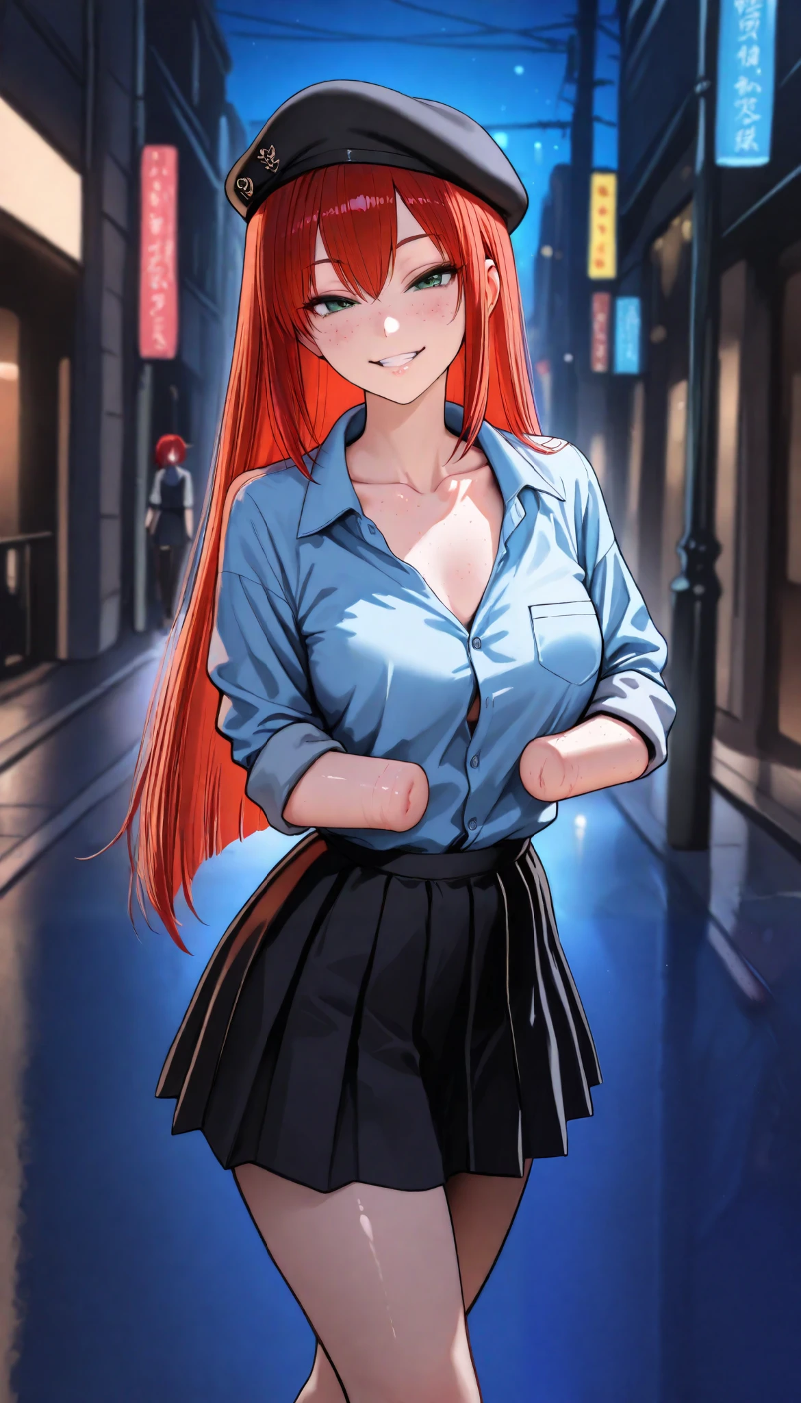 beautiful armless amputee girl dressed in blue shirt with rolled sleeves and skirt walking on the night street, girl, cute, sassy, grin, green eyes, (freckles), redhead, ((long straight red hair)), (black beret), ((light blue button down shirt)), (((rolled up sleeves))), ((missing forearms)), ((elbows)), ((amputee)), (((arm stumps))), (((collarbone))), big chest, (chest pocket), ((legs)), looking at viewer, night, shiny street, masterpiece, best quality, amazing quality, realistic. hyper-detailed