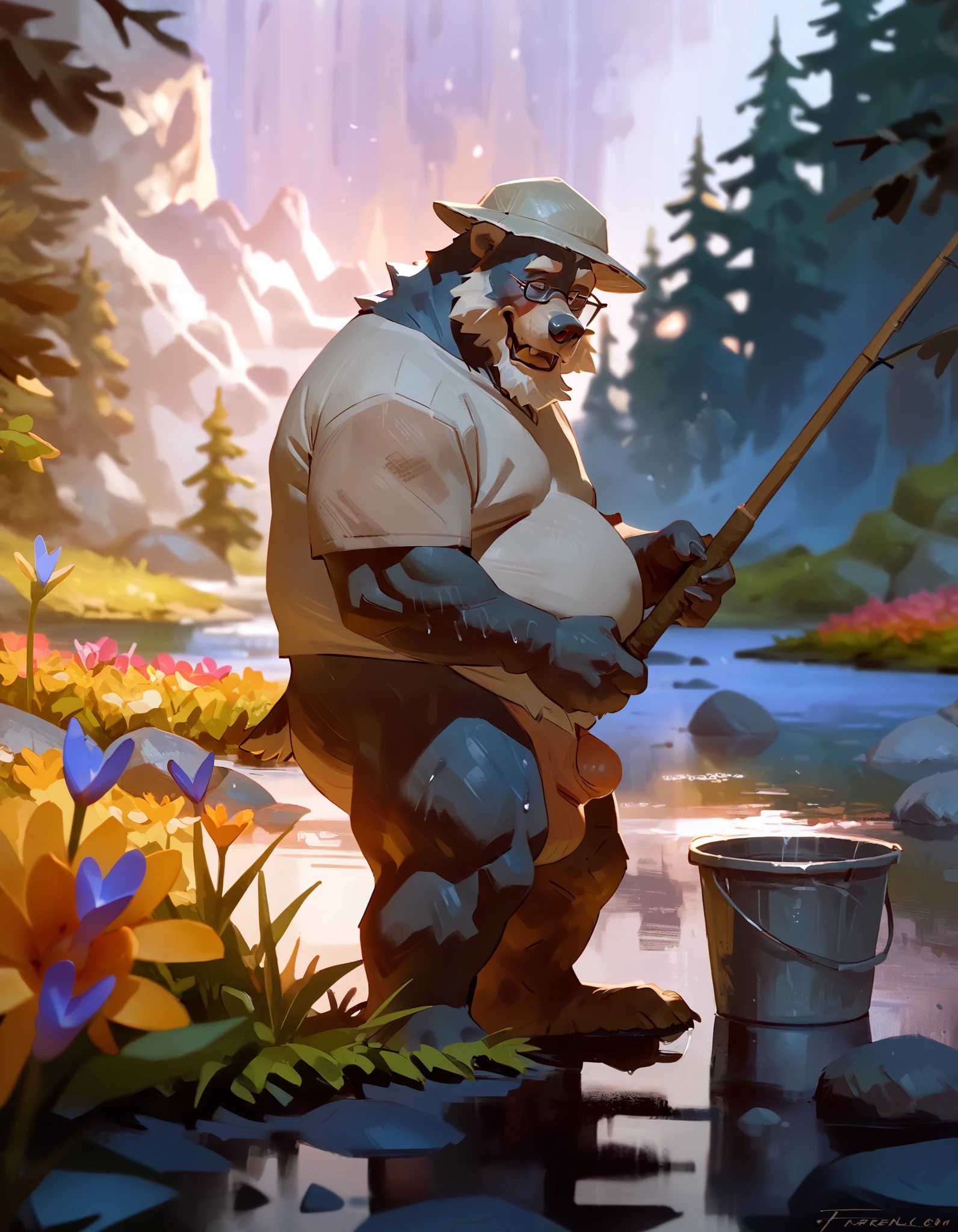 by Taran Fiddler, Black Bear, semi-feral, male, older male, mature male, elderly male, grandpa, jowls, glasses, chubby, pubic hair, laughing, looking at viewer, side view, facial hair, bushy eyebrows, black fur, tan snout, wrinkles, solo, t-shirt, wet shirt, bucket hat, furry penis sheath, fully sheathed animal penis, flaccid sheath, sagging balls, wide hips, thick thighs, hairy, pubic hair, standing in river, bottomless, river, fishing, fly fishing rod, holding fishing rod, tall grass, wild flowers, trees, bright sunlight, cinematic, perspective view, full body view, depth of field, dynamic perspective, cinematic, sunrise, sunlight, sheath focus
