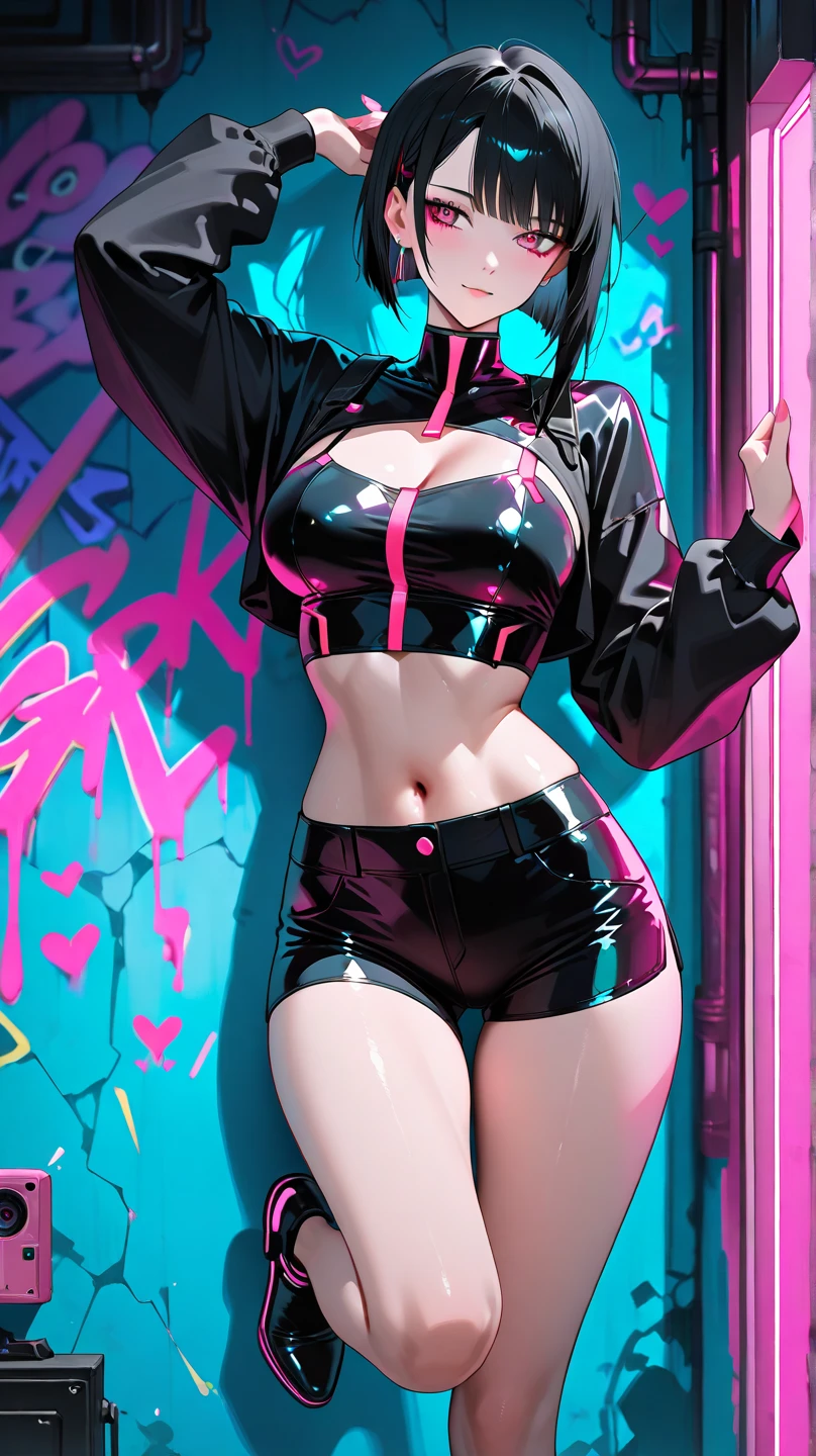 Best quality, solo mature woman, giant breasts, giant ass, very curvy, low ponytail curled at the ends, aqua green eyes, full lips, seductive, smiling, pink frilly slevee top, tiara, tight leggings, sun necklace, sun earring, thick thighs, curvy physique, (wearing a diaper), (diapered), (big plastic diaper), (ABDL), (dominatrix), ((black latex)), (beautiful smile), ((goth)), ((eyeliner)), (makeup), ((satin)), (bright colorful), (playful)