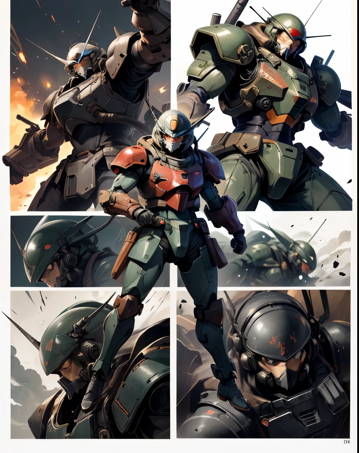 Zaku、Zaku, Man in stylish armor、 Dynamic Pose 、 black color 、Three bodies lined up