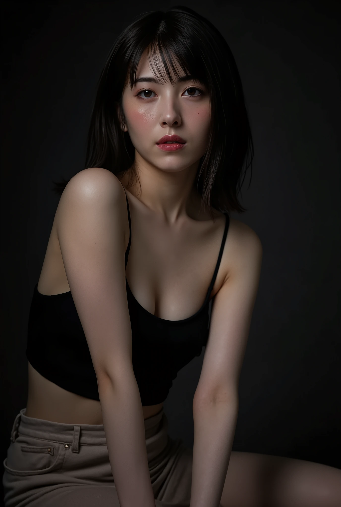 ((( High resolution,top quality, super detailed, Masterpiece , very detailed,realistic,real person,Ultra detailed skin))) ,dark background,(from front),upper body, thin ,medium shot, looking at viewer , (tempt face, closed mouth),  black hair, medium hair, huge breasts, cleavage,wearing croptop, sit on floor, showing breasts