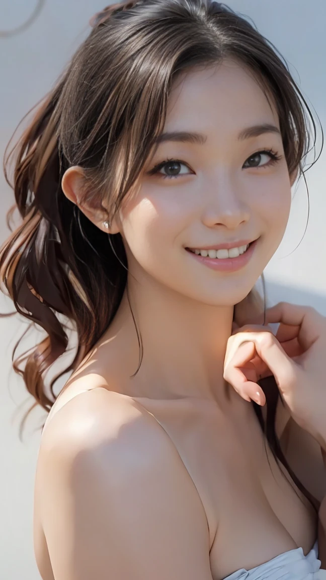 ((64K, UHD, Best Quality, Masterpiece: 1.2), (Realistic, Photorealistic: 1.37), Ultra Detail, (Tokyo, Busy Streets, Open Cafes: 1.2), Professional Lighting, Photon Mapping, Radiosity, Physically Based Rendering, Masterpiece, Rich Detail, (Fine Features),(Fine Eyes), (Clear Face), (Detailed Face Description), ( detailed hand description), (masterpiece), realistic, extreme light and shadow, shiny skin,shiny hair, one girl, 18 years old, Japan, cute, (smile,happy:1.2),(gradient brown hair, short hair, ponytail:1.2),small tall, slender: 1.2, double, disheveled hair, fine clavicle, clavicle, (small breast, flat chest:1.37),( dynamic pose, cowboy shot: 1.3), (knitted deep V-neckline slip dress, micro mini, sideboob, bare waist, bare armpit, cleavage: 1.2), face focus