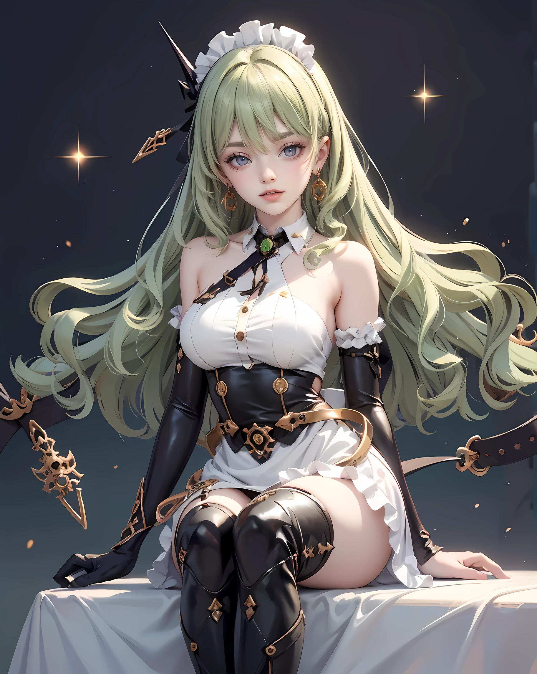 1girl, green hair, harness, black dress, solo, symmetrical gloves, high socks, wave hair, glow eyes, harness, maid dress, v neckline, garter on the legs, stand up, white apron, maid dress, maid, streaked hair, thigh gap, harness, very long hair, solid background, maid uniform, showing the whole body, too many frills in her dress, magical girl, perfectly body, gold jewelry, harness, jewelry, Cute pose, beautiful ponytail, with big lips, freckles, glow eyes, long hair with waves hair and bangs, perfect anatomy, perfect hands, white boots, boots, frills, harness, maid uniform, maid dress, maid uniform, maid apron, garter on the legs, gold jewelry, solid background, best quality, blushing, maid uniform, maid headdress, maid dress with too many frills, wave hair, short skirt, sparkle, harness, centered girls, stand up, full body, glowing hair, magical girl, sparkles, more details on her clothes, golden details on her dress, harness, maid uniform