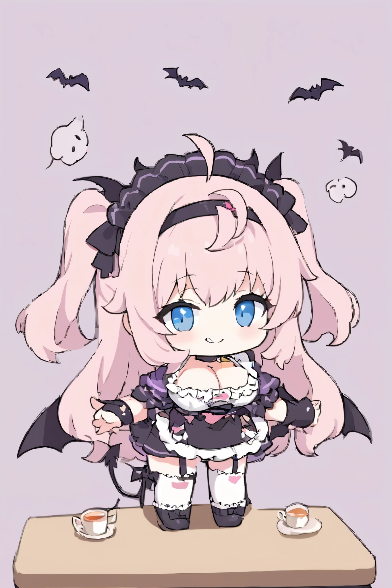 、 chibi、 chibi character、 chibi characterクター、Super Mario background、The table and tea set are placed、
Character details(long hair, long two side up、異常にlong hair、voluminous hair、ahoge、hair、naughty face,provocative face、 front hair between eyes),small bat with black feathers on the head、Black devil's tail、Big Breasts、big hips, cute face, blue eyes, 1 girl, alone, (Pink hair、Pink hair), , (enchanting smile), , straight long voluminous pink hair,maid clothes、A swimsuit with a small sexy area on the head、choker with bat-shaped accessory、headband has 2 small black ribbons、short apron skirt. garter belt and white ruffle high socks. I'm wearing black loafers,I have a black wristband with white ruffles、)1 girl, alone, standing up picture, cute smile, standing up picture, high resolution, masterpiece,