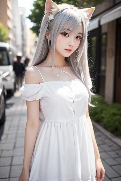 (surrealistic), (illustratio), (hight resolution), (8k picture), (ighly detailed), (The best illustrations), (beatiful detailed eyes), (top-quality), (ultra-detailliert), (​masterpiece), (wall-paper), (详细的脸), 独奏, 1girl in, Gray straight hair、Off-the-shoulder clothing、Colossal tits、tight miniskirt、huge smile、Blushing cheeks、bangss、Constriction of the lower back、skinny thigh、Beautiful bangs、Look at your audience、a necklace、耳Nipple Ring、Watching from above、main street、A city scape、