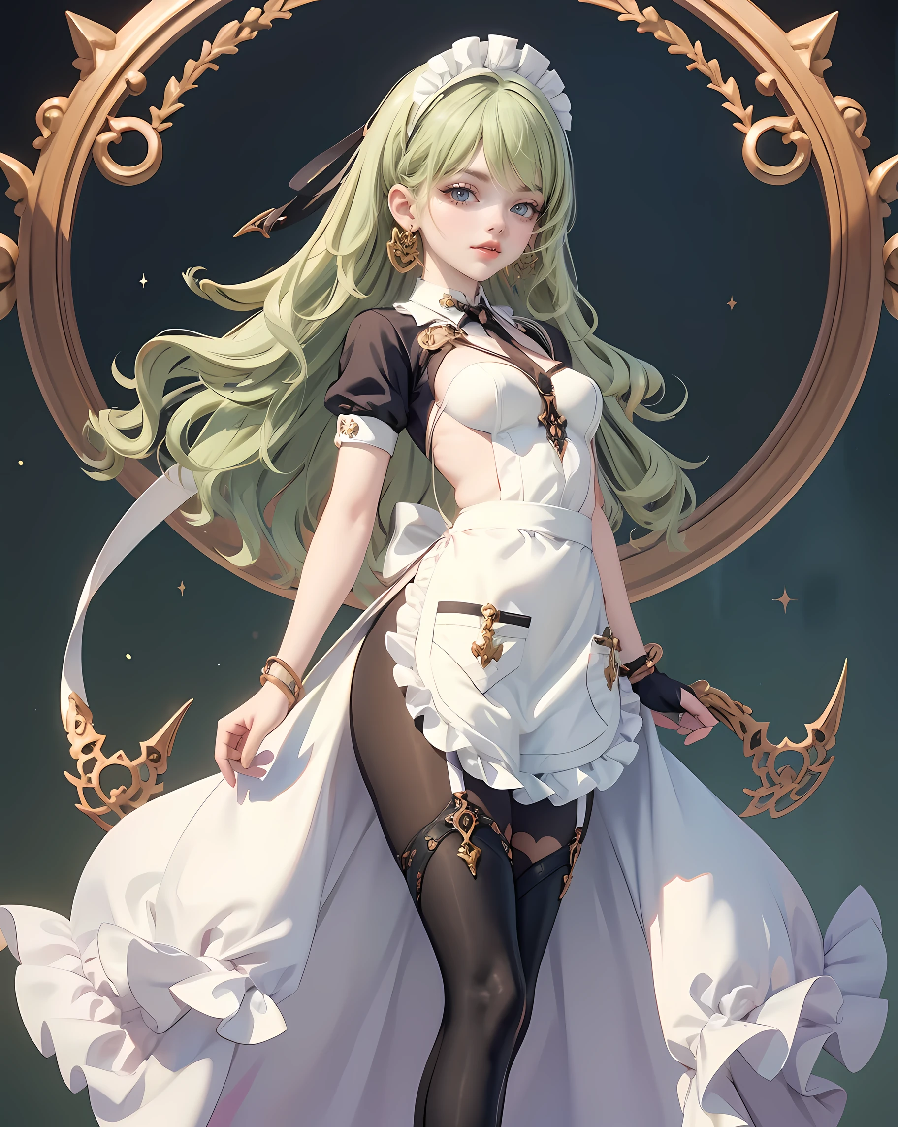 1girl, green hair, harness, black dress, solo, symmetrical gloves, high socks, wave hair, glow eyes, harness, maid dress, v neckline, garter on the legs, stand up, white apron, maid dress, maid, streaked hair, thigh gap, harness, very long hair, solid background, maid uniform, showing the whole body, too many frills in her dress, magical girl, perfectly body, gold jewelry, harness, jewelry, Cute pose, beautiful ponytail, with big lips, freckles, glow eyes, long hair with waves hair and bangs, perfect anatomy, perfect hands, white boots, boots, frills, harness, maid uniform, maid dress, maid uniform, maid apron, garter on the legs, gold jewelry, solid background, best quality, blushing, maid uniform, maid headdress, maid dress with too many frills, wave hair, short skirt, sparkle, harness, centered girls, stand up, full body, glowing hair, magical girl, sparkles, more details on her clothes, golden details on her dress, harness, maid uniform
