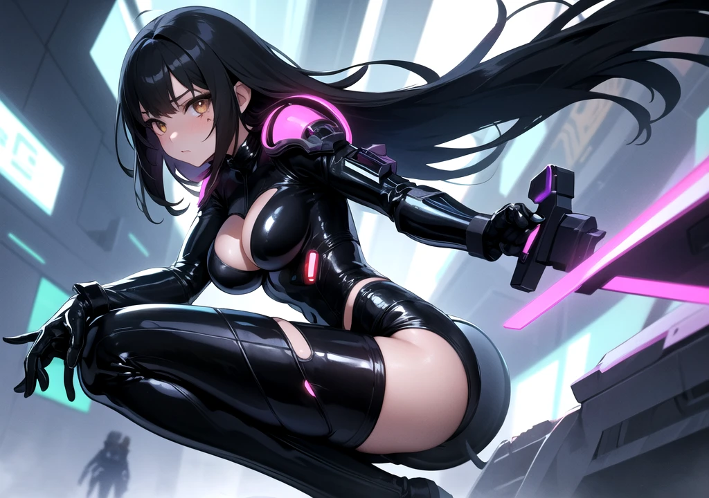 full body picture Unreal Engine 5 8K UHD, beautiful girl, black hair, wearing tight latex catsuit with gothic black short dress with lace, top harness, corset, magenta eyes, dark makeup, seductive moods, detailed face, best quality, masterpiece
