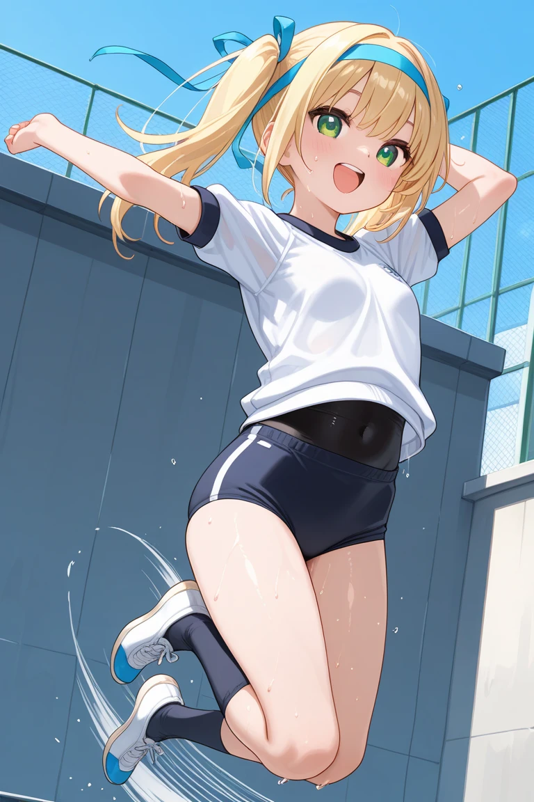 (masterpiece, best quality, high definition), (Anna Tanaka), blonde schoolgirl in tank top and mini skirt, white ultra-thin panties, one girl, nsfw, from below, looking down at me, sweaty, back view