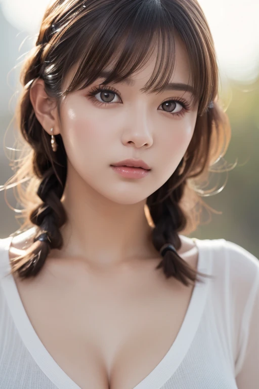 High resolution, High level image quality, high detail,, anatomically correct, sharp, gray background、((Japanese)), alone,snow-white skin,fair skin、plump lips、Very cute、small breasts、small breasts、An ennui look、 well-shaped chest, mesh brown hair、twin tails、short hairのtwin tails、short hair、stylish black dress:1.3、(((stand upright, facing the center of the screen.))) ((Upper body angle))、RAW photo、highest quality、super resolution、Highest image quality、master piece、8k