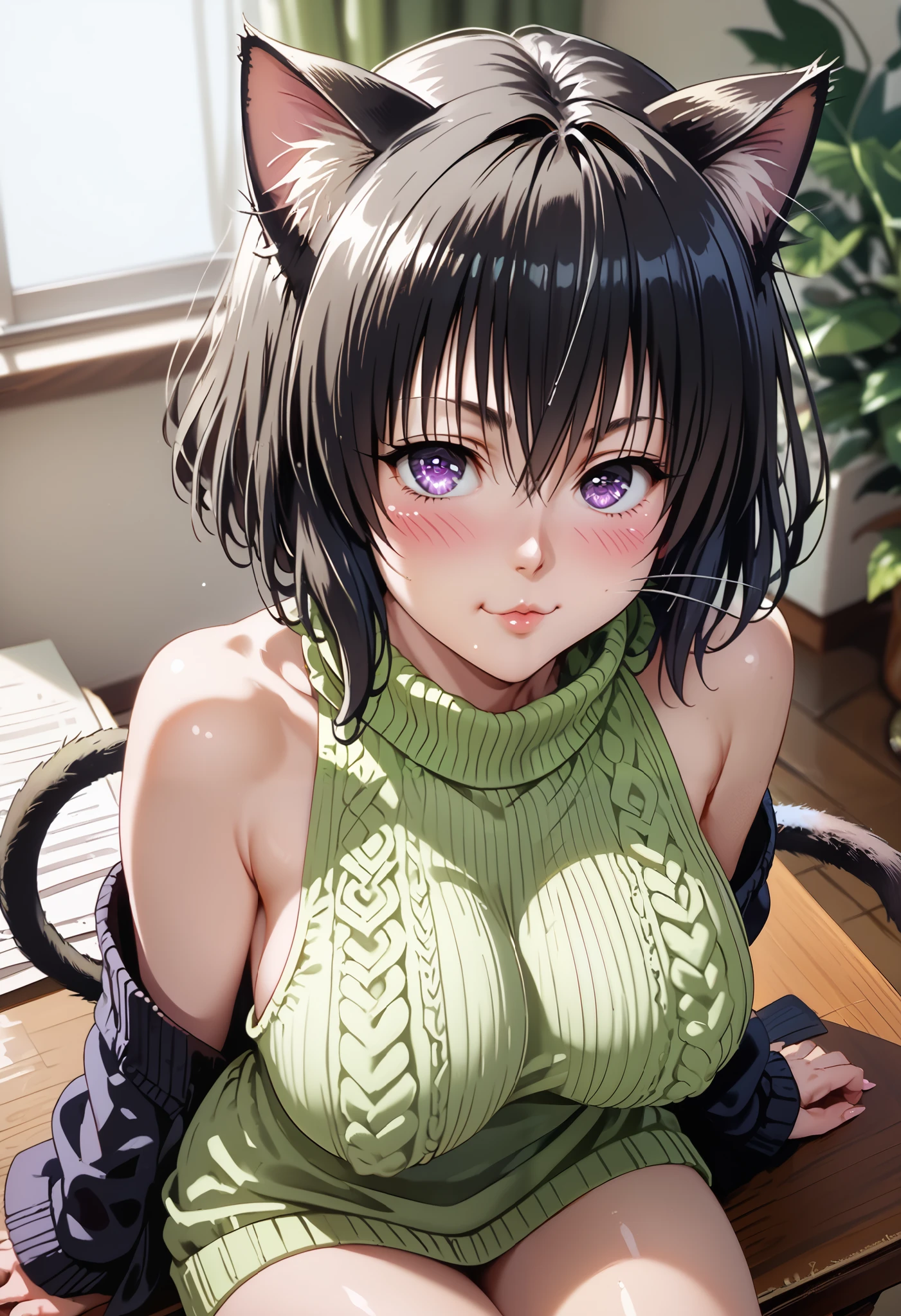 Ultra-detailed, Top quality and the best, High resolution, Ultra-detailed,
2000s anime style drawing:1.3,
Fancy girl's room,
1girl,
(A girl with black cat ears and a tail:1.2),
A strong willed beautiful girl,
slanted eyes,
Long hair that reaches down to the butt:1.5,
(bluish black hair:1.5),
slender figure and a voluptuous body:1.3,
pale pink skin:1.2,
Beautifully curvaceous body,
G cup soft looking breasts,
Wearing Wearing a light green tank top virgin-killing sweater,
W-sitting,
(Cat whiskers doodle on cheek:1.3),
high angle,