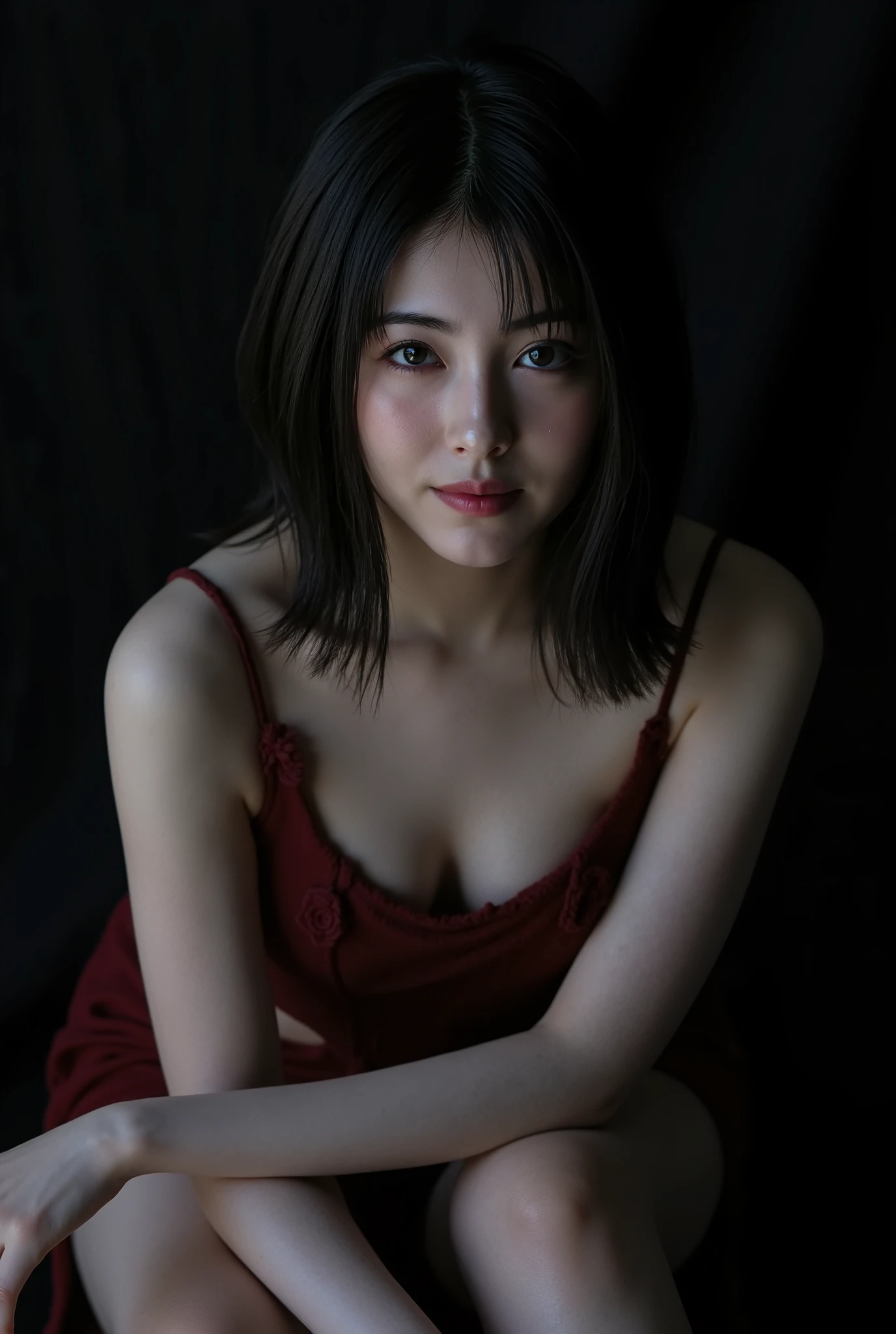 ((( High resolution,top quality, super detailed, Masterpiece , very detailed,realistic,real person,Ultra detailed skin))) ,dark background,(from front),upper body, thin ,medium shot, looking at viewer , (tempt face, closed mouth),  black hair, medium hair, huge breasts, cleavage,wearing croptop, sit on floor, showing breasts