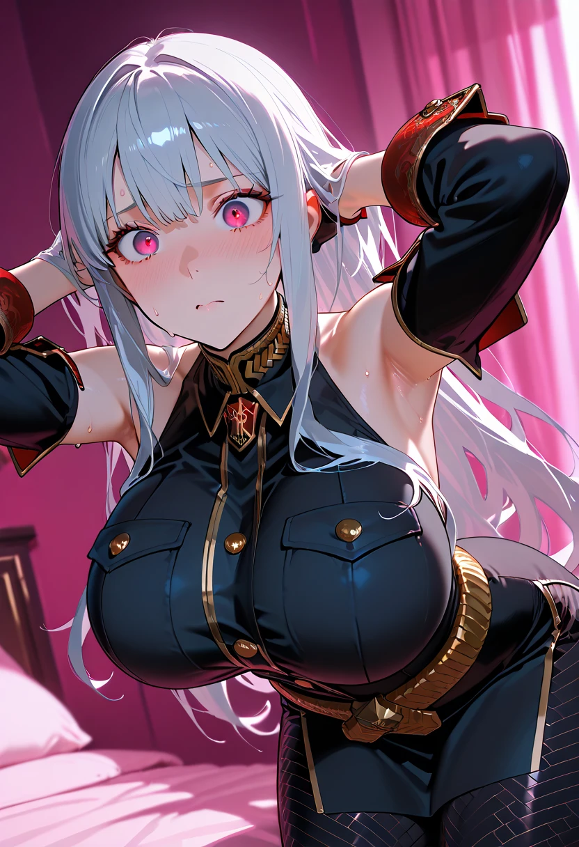 Prinz Eugen、Yae Miko、
(Right eye is yellow、Purple left eye)、
Highest quality、Highly refined、Super detailed、Sparkling Eyes、
Ultra-high resolution、Ultra HD、masterpiece、Detailed hands、
One woman、Only one person、solo、
(uniform)、Slit leather long skirt、
(Long coat)、Sleeves of priestess clothes、
Leather clothing、
Ahoge、messy hair、Super long hair、
ponytail、
Saggy breasts、Extra long milk、Huge breasts、
Cross your arms、