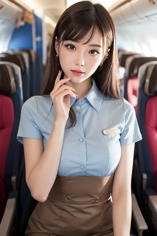 (4K,8K,Masterpiece,Realistic),Super Resolution:1.2、(Japanese:1.3)、 RAW Photos、(Realistic:1.2)、Symmetrical face、Top view、(Look up here:1.1)、Japaneseアイドルの女の子、(Beautiful face in every detail)、24-years-old、Beautiful eyes、cute、Perfect hands、Natural Makeup、(Large Breasts、Cleavage)、Cabin attendant、Serving customers in first class on board、Wear a short-sleeved shirt、Tight mini skirt、Wear a uniform、Friendly atmosphere、Exposure that shows the collarbone、Mole on the collarbone、Leaning forward、Protruding buttocks、Voluptuous thighs、Standing、Wearing high heels
