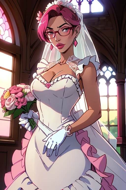 (highres, high quality:1.3), intricate details, cinematic lighting, sharp focus, depth of field, Ingrid, solo, 1girl, mature female, dark-skinned female, dark skin, cowboy shot, holding bouquet, church, morning, church, windows, sky, happy, smile, blush, pink hair, very long hair, makeup, lipstick, (mole under mouth:0.8), eyelashes, yellow eyes, detailed eyes, perfect face, wedding dress, bridal veil, bridal gauntlets, white thighhighs, large breasts, cleavage,