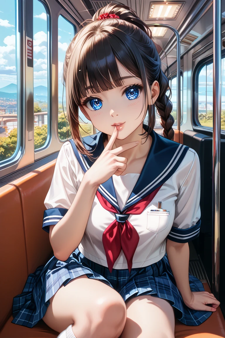 (masterpiece:1.2, Highest quality), (Realistic, photoRealistic:1.4), Beautiful illustrations, (Natural Side Lighting, Cinema Lighting),
View your viewers, 1 girl, Japanese, Junior high school girl, 14 years old, Perfect Face, cute and symmetrical face, Glowing Skin, thin,
(Mid-length hair:1.2, Half Up:1.4, Light brown hair), Asymmetrical bangs, Brown eyes, Long eyelashes, (Mid-chest:0.7),
Beautiful Hair, Beautiful Face, Beautiful details, Beautiful clavicle, Beautiful body, Beautiful breasts, Beautiful thighs, Beautiful feet, Beautiful fingers, ((Very large saggy tits)), ((In underwear、White lace underwear))((Fullback panties))Underarm , Slightly , Very large breasts, Full body angle, 14 year old woman , Thick thighs
((Detailed cloth texture, Short sleeve white collar shirt, Blue pleated mini skirt, Blue bow tie)),
(Beautiful views), evening, (River side), Are standing, (cute, cute smile, Upward glance),