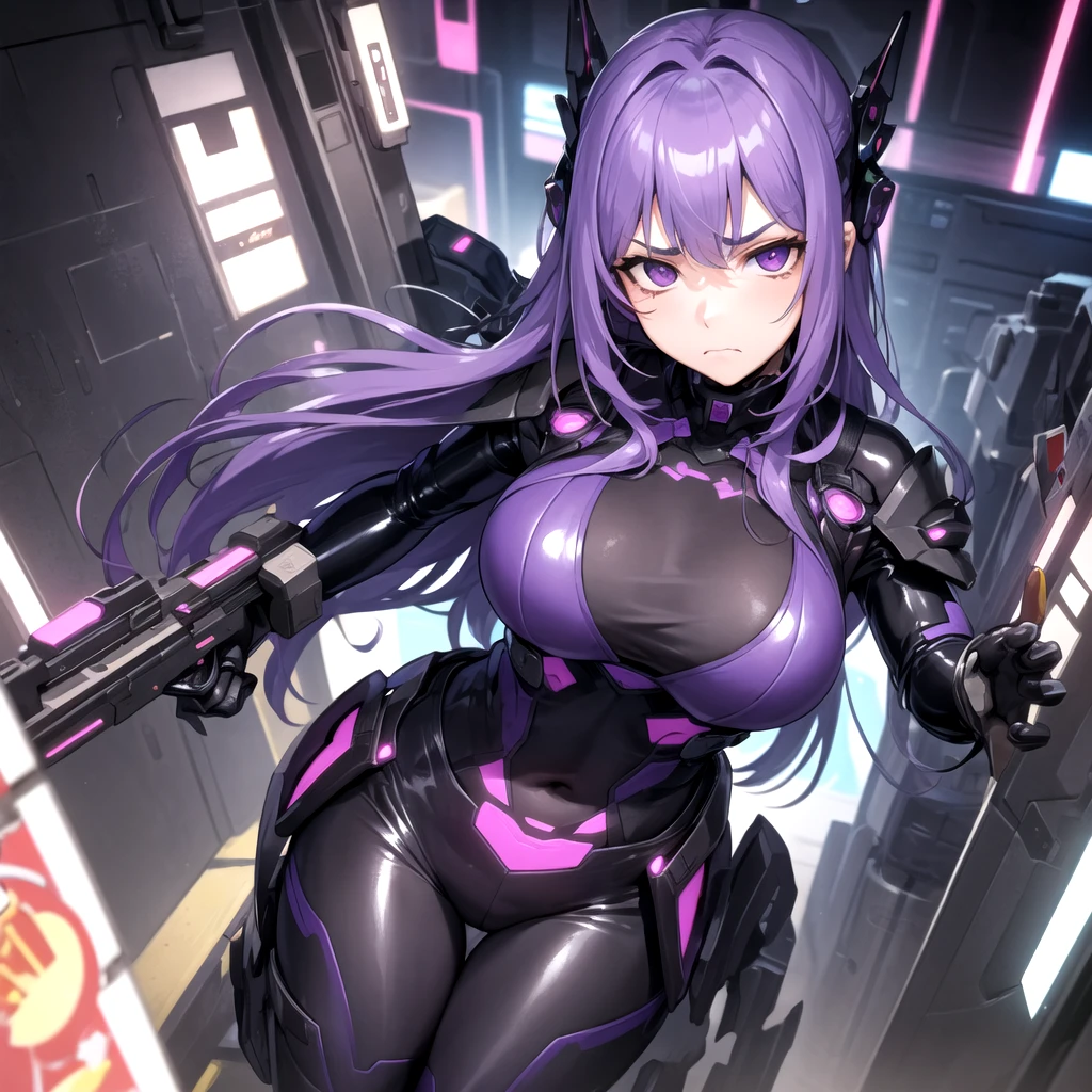((tmasterpiece:1.4, Best quality))+, (ultra - detailed)+,(Ultra-detailed eyes)+,
(girl),28 year old,(violet colored eyes:1.15),Violet hair,Very long hair,(Medium bangs:1.2),(Single twist weaving),paleskin,energetic smile,Happy,(She wore a straitjacket,These leggings have scorpion tails),(:1.2),(Scorpion tight:1.4),(Clamp with mechanical pliers:1.2),(Giant bionic scorpion mechanical prosthesis:1.4),(Crazy:1.3),Cyberpunk,(Neon sign on building roof),spy,(Cornices walk the wall:1.1),city night scene,purpleish color, (Heavy monochrome:1.16),(depth of fields:1.4),
