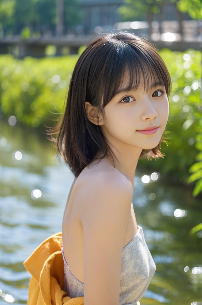 ((of the highest quality, 8K, masutepiece: 1.3, Raw photo)), Sharp Focus: 1.2, (1 AESPA Girl :1.1), Solo, (Realistic, Photorealistic: 1.37), (Face Focus: 1.1), Cute face, hyperdetailed face, (short messy hair: 1.2), Small Smile, (Small breasts, flat chest: 1.1), nude, standing, (off shoulder white chiffon dress: 1.2), thigh, lakeside by nature, Orchid, depth of field