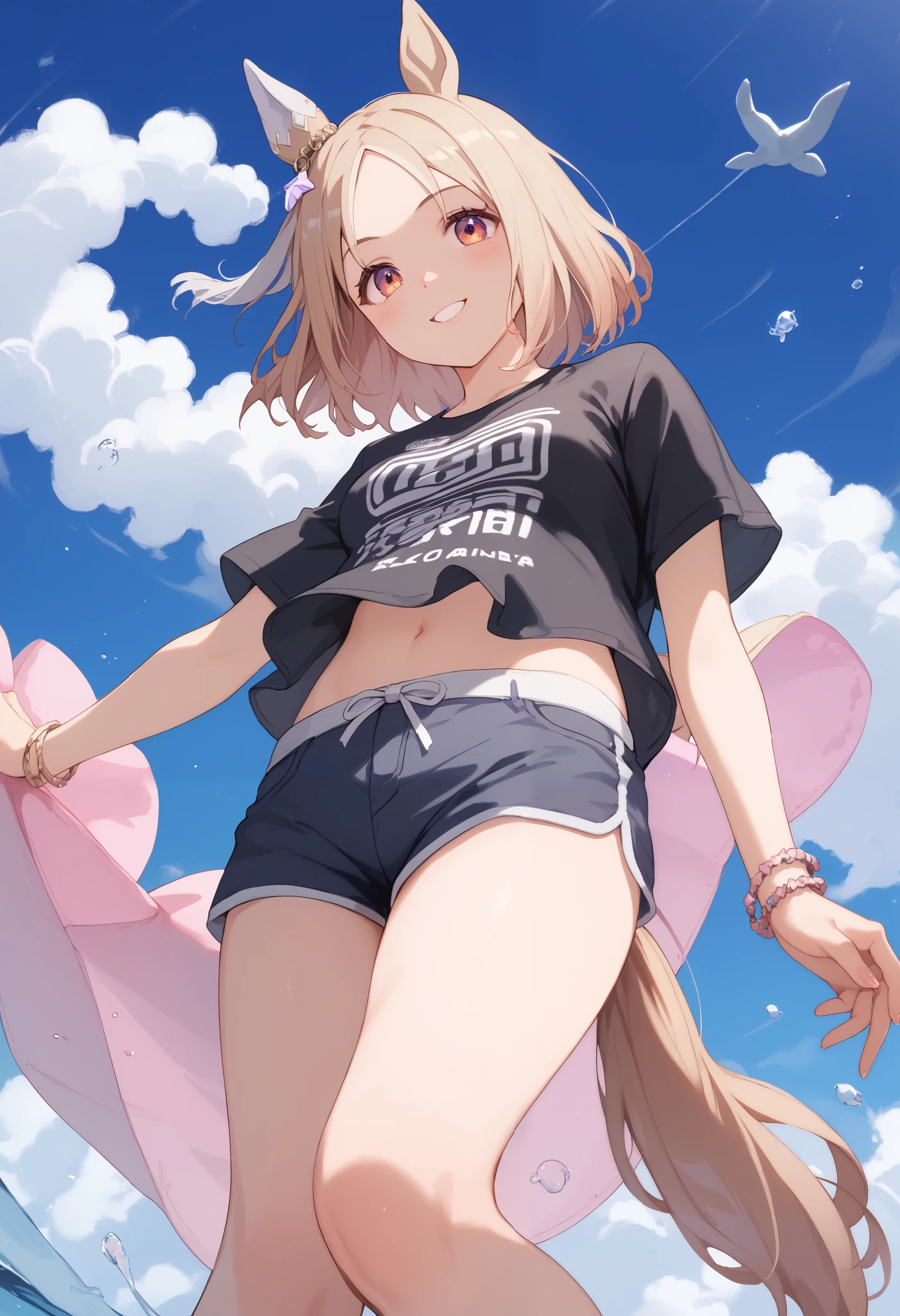 Narita, horse tail, short hair, animal ears, ear ornament, ear covers, single ear cover, 1 girl, Alone, anime style,cute girl,BEST QUALITY, super detailed, anime style,8k, high resolution, detailed images,((An image of looking up at a character from directly below)),((image looking directly above the character's feet)),((character up image from directly below)),(Up image looking in from under your feet),(An upshot from the thigh),(smooth thighs),( standing),((white mini dolphin shorts)),(black shirt),((looking down and looking at us)),(laughs shyly),and my cheeks are dyed slightly red,Highest Image Quality,best quality,precise face,