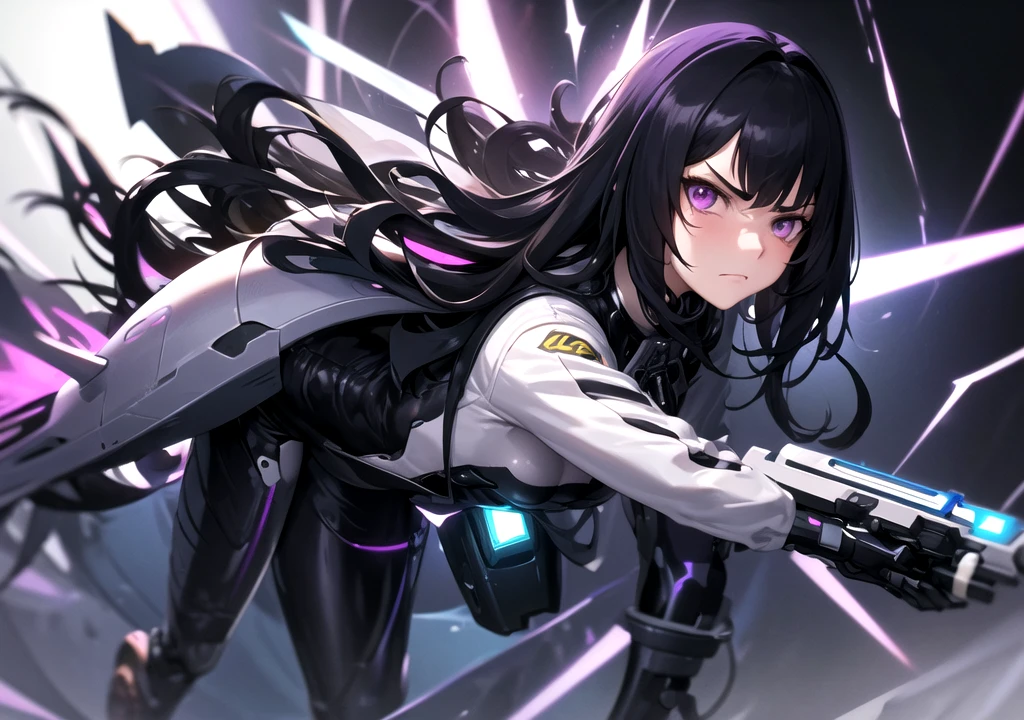 Two-dimensional woman,Long white silky hair,Bright purple pupils,White trench coat with black hard vest armor,A tactical belt hangs a black pocket,Black slim trousers with leggings,A pair of black tactical high-top boots,4k高清