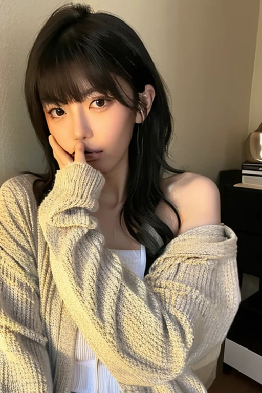 japanese woman, slim figure, small breasts, extremely thin waist, beautiful face, beautiful eyes, natural makeup, black hair, knit sweater, skirt, 1 girl, alone, detailed face and eyes, small fingers and arms. upper body photo. realistic, realistic.