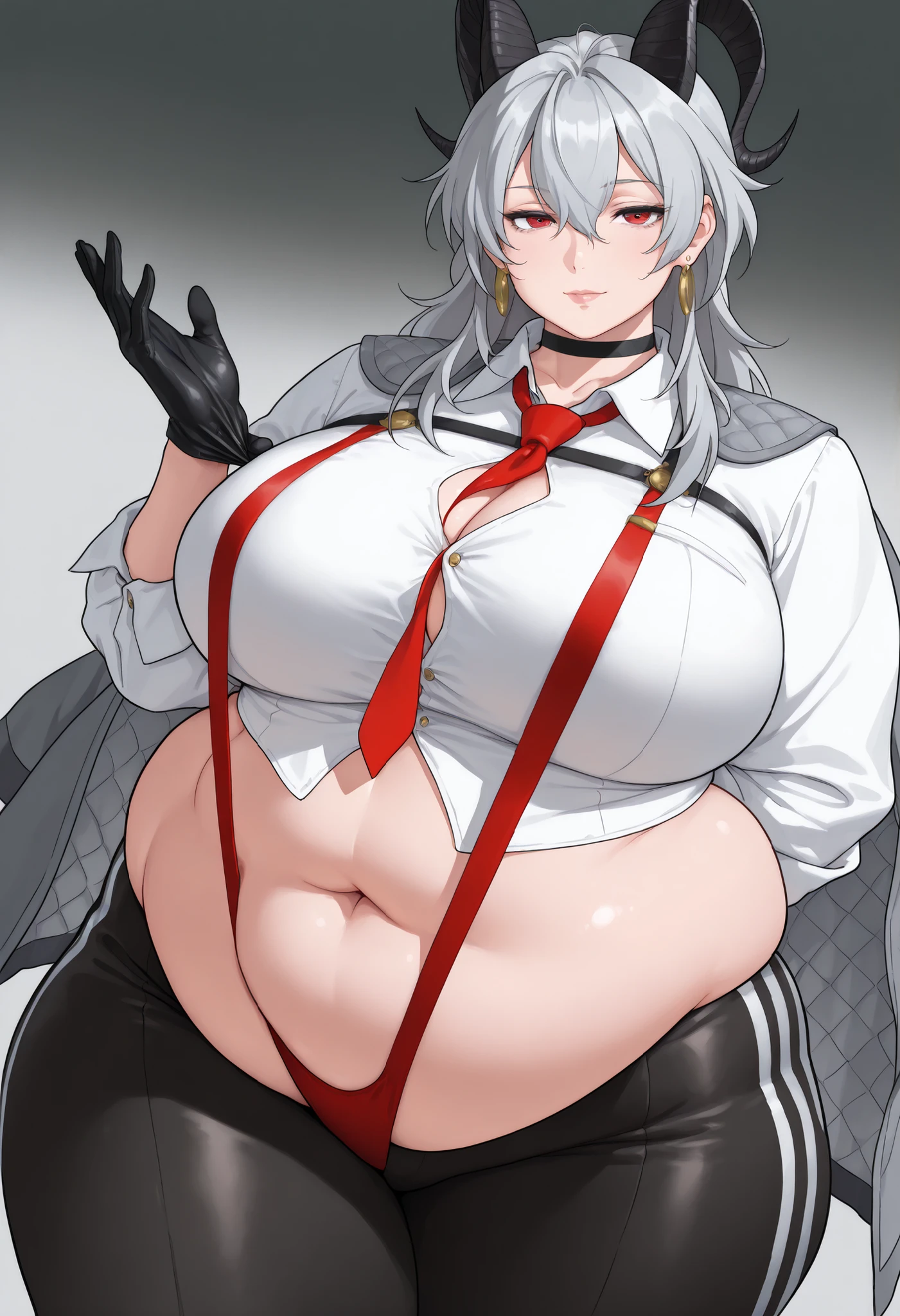 1girl, aegir \(azur lane\), azur lane \\\\\ masterpiece, best quality, very aesthetic, absurdres, newest \\\\\\ sportive body,  \\\\\\ by nyantcha,,by cutesexyrobutts,by khyle ///// white hair with a single prominent red streak, black horns, yellow eyes,  , white (nurse outfit:1.2), skirt, , white pencil skirt, nurse cap, , , a red cross on the cap, standing, (white background:1.2), hands crossed under breasts, rating general