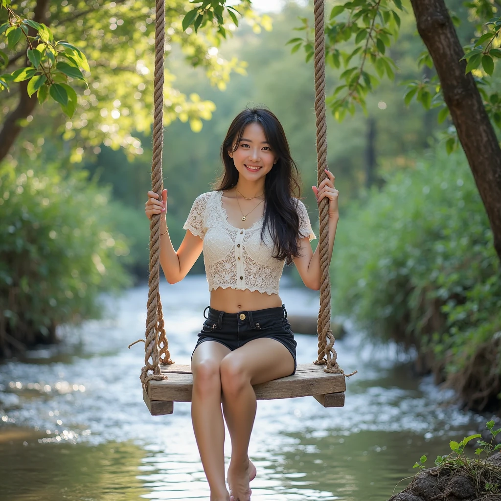 "Create an AI scene featuring a 25-year-old woman playing on a swing (jula) in a lush, green garden. Ensure the setting is abundant with vibrant greenery, highlighting the natural beauty of the surroundings. The woman should exude joy while playing on the swing."