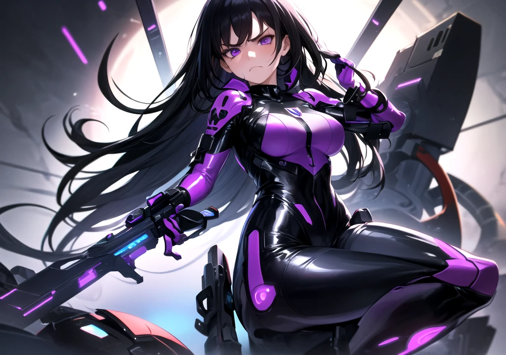 1girl, cowboy shot, (cyberpunk, cyberpunk style), raidenshogundef, raidenshogunrnd, purple hair, purple eyes, long hair, stare, smile, closed mouth, looking at viewer, cyborg, futuristic, wearing vr helmet, cybernetic bodysuit, mechanical headwear, mechanical earpiece, mechanical bodysuit, bodysuit, shoulder armor, skirt, mechanical arms, mechanical parts, sword, cyberpunk city, (neon lights), night, night sky, glaring, angry,, weird atmosphere, (best quality:1.1), (masterpiece:1.2), high quality shadow, beautiful detailed, (high detailed skin, skin details), (wide_landscape, 8k), beautiful face, detailed eyes, depth of field, dramatic light, best quality, highres, best shadow, best illumination,, depth_of_field, blurry, blurry_background, blurry_foreground, motion_blur,