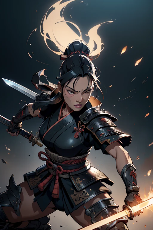 black woman, samurai clothing, Samurai armor, dreadlocks, Ron's, White hair, red eyes eyelashes, The village is on fire, divine Light, Demon Mask