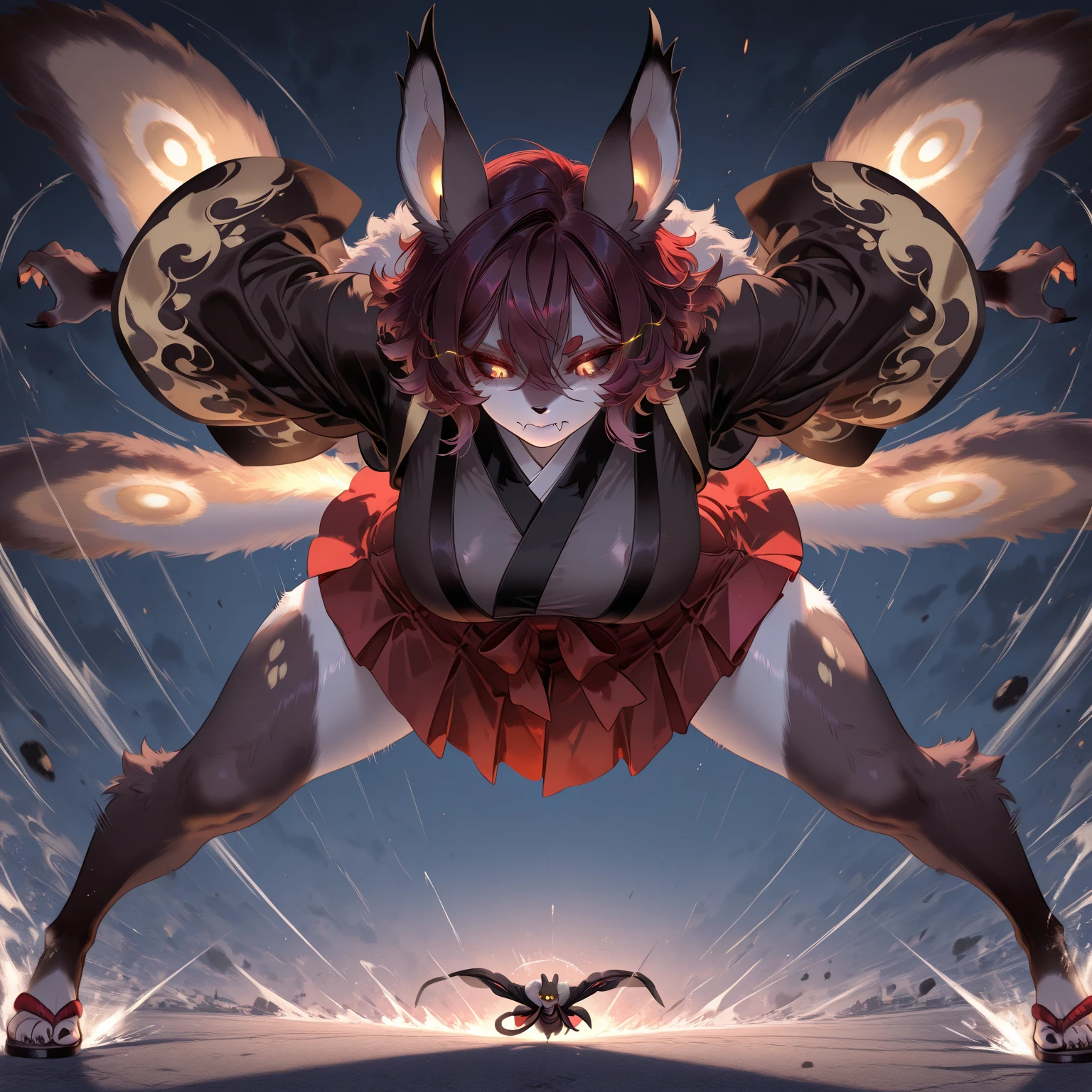 Vista completa, gigant head hands , cuerpo completo, traje naranja, piel morena, Pelo azul maduro female, Cerebella de Skullgirls (dynamic full body pose, character design sheet,