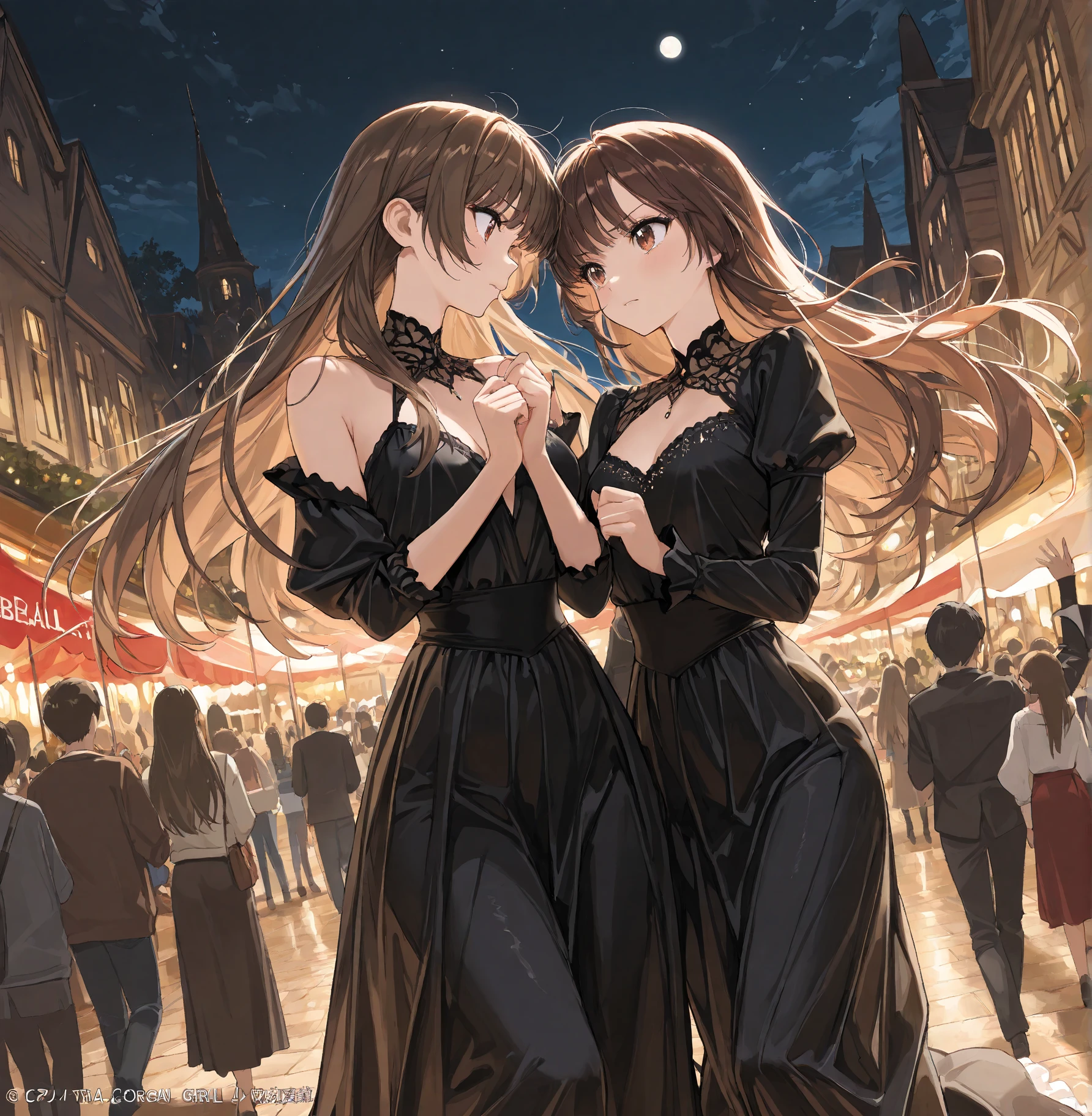 (Best Quality, High Definition, masutepiece:1.2,), Illustration, Night, 2girls, Full body, (wedding dress), arm behind back, Waiting for a kiss, Looking at Viewer, Happy, blush,lesbian、Girls to girls、huge-breasted、bbw