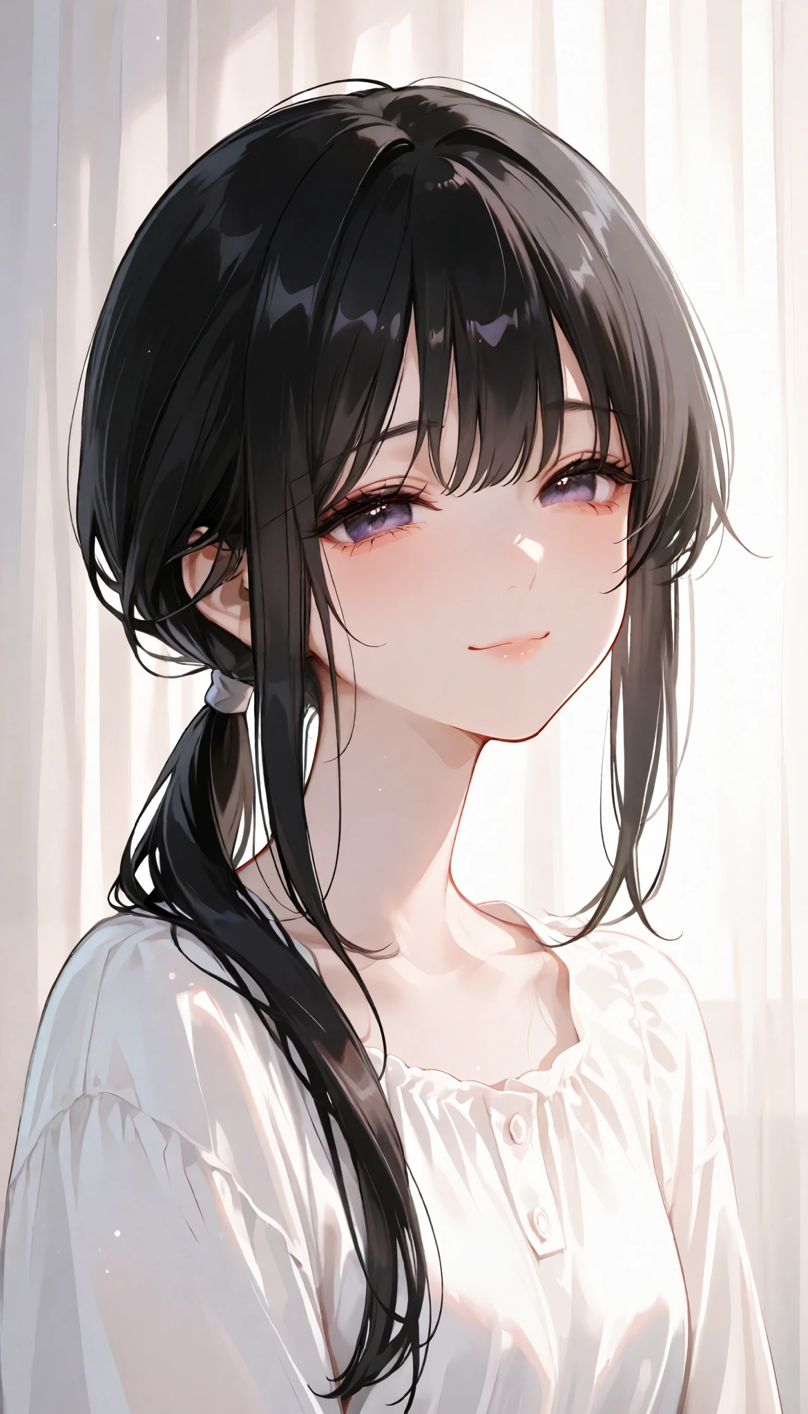1 girl,smooth skin, black hair, low ponytail, long hair, Beautiful Eyes , detailed eyes, sad smile, wearing a patient dress, Face focus, Touches the viewer, small curtains